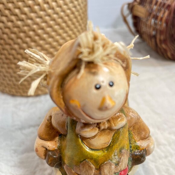 Set Of 2 Rustic Woven Baskets & Scarecrow Planter Figurine with Wagon - Handcraf - Picture 10 of 16
